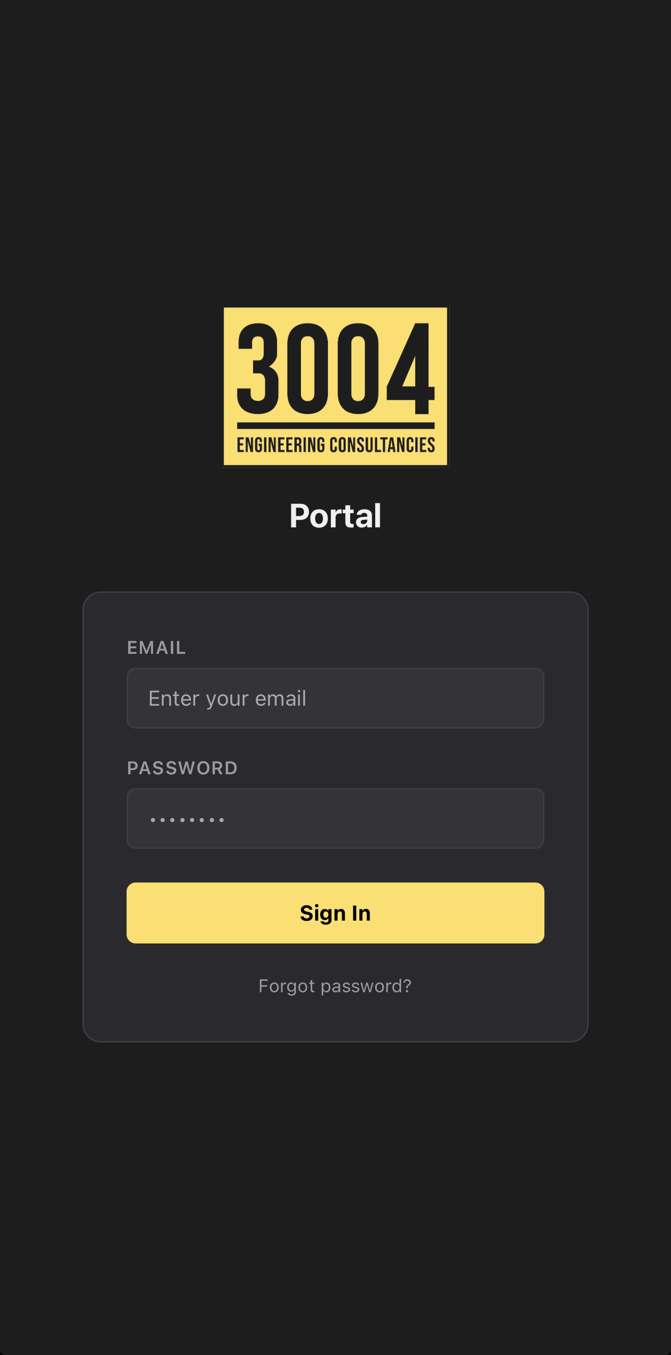 3004 Portal on a phone: the sign-in screen. After handover, the full project record stays behind this login