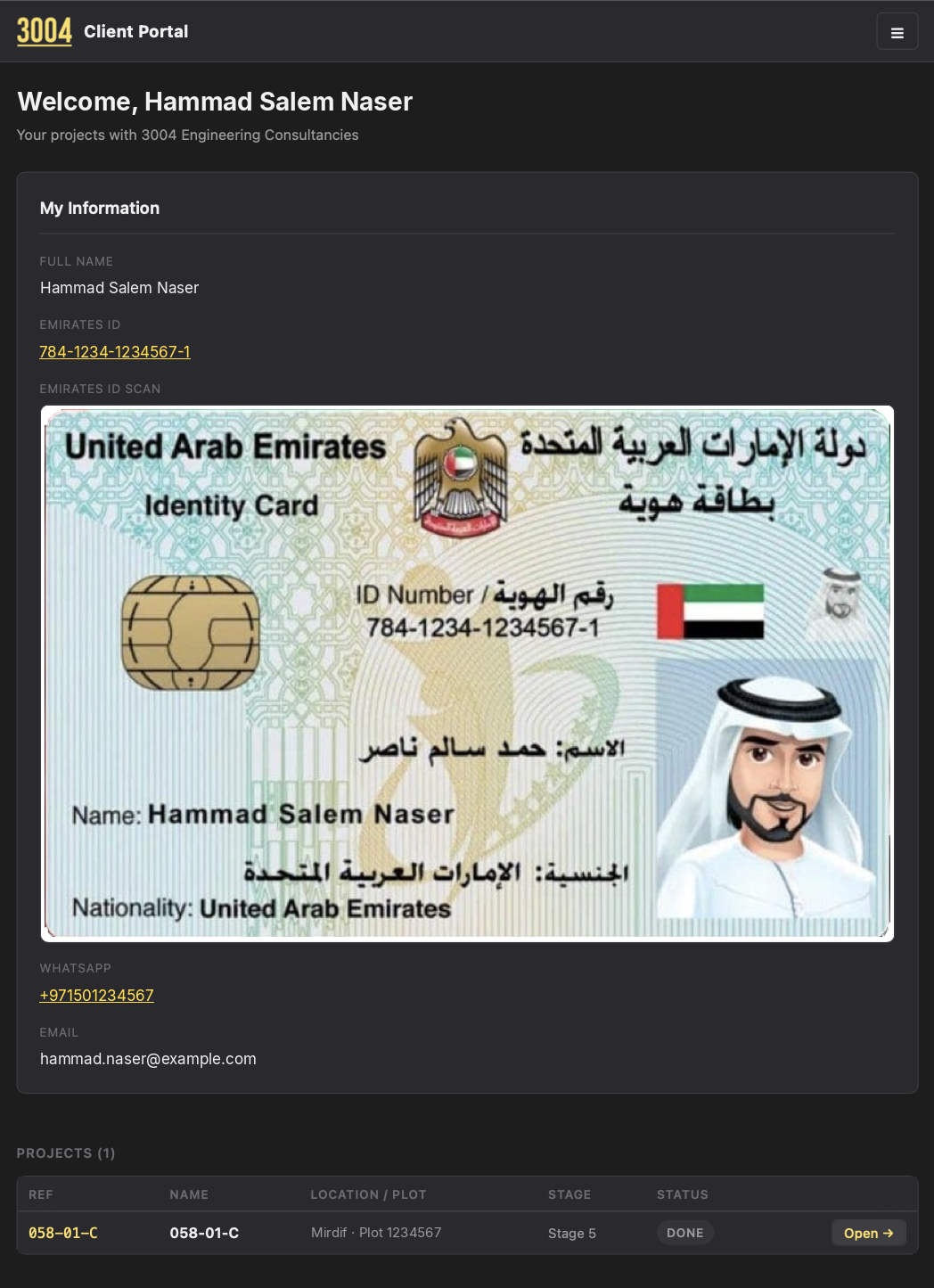 3004 Portal: the client’s My Projects page with their details and project list (sample client details)