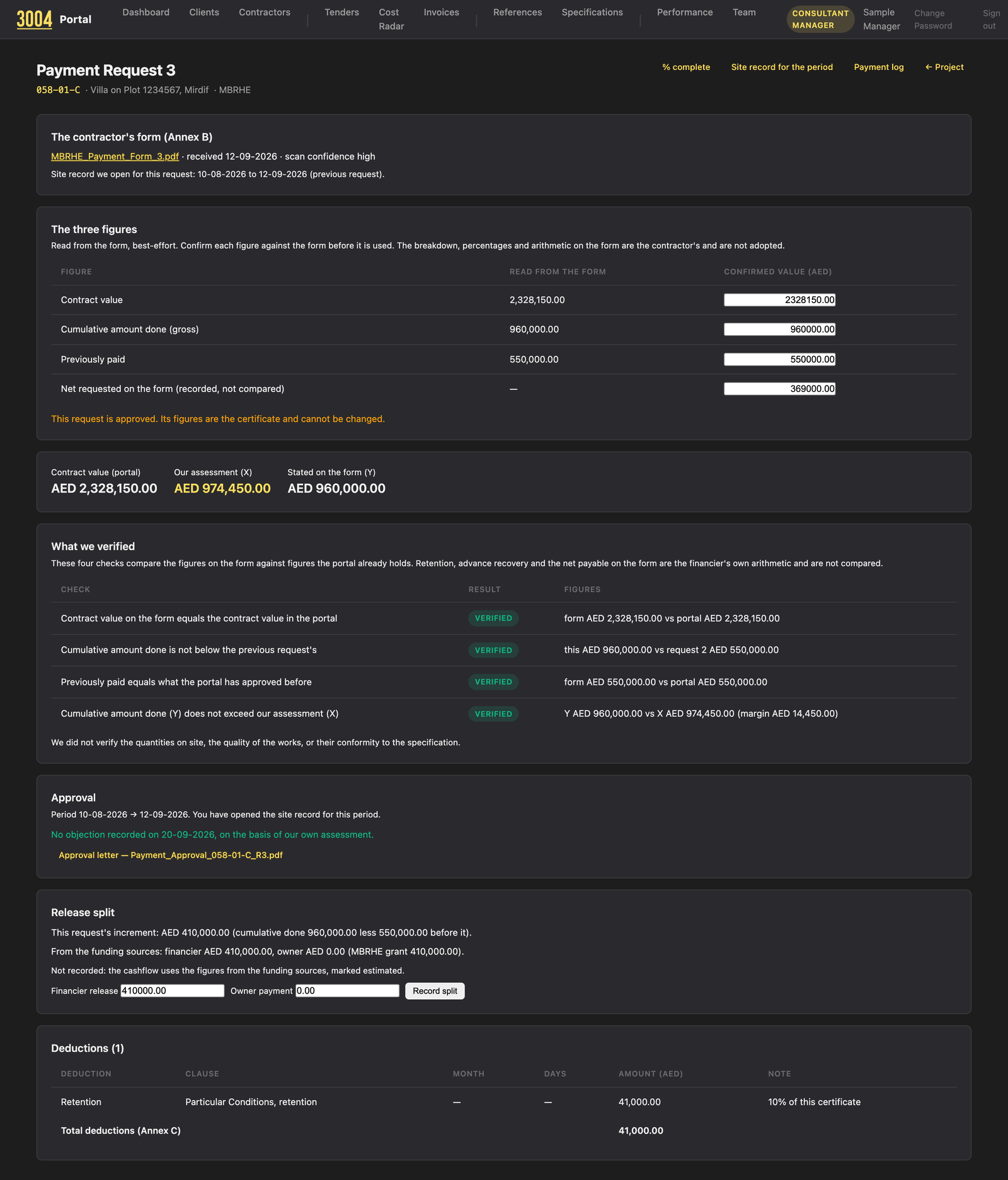 3004 Portal: payment request 3 with the four checks verified, the approval and the retention deduction (sample project)