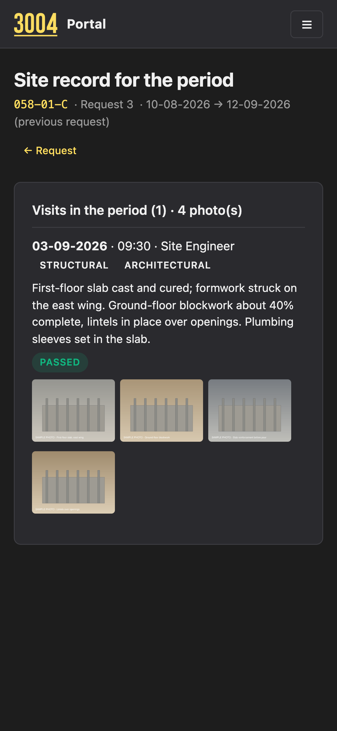 3004 Portal on a phone: the site record for the period, a visit on 03-09-2026 with four photographs (sample project)