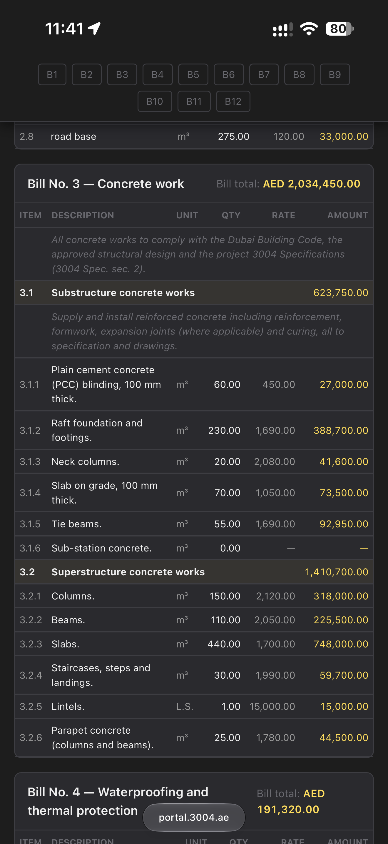 3004 Portal on a phone: a priced bill of quantities for concrete works, with quantities, rates and amounts