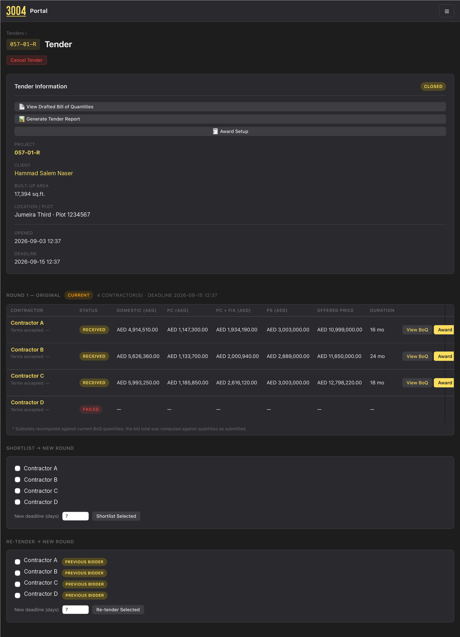 3004 Portal: a tender page with four contractors’ offers compared side by side (sample client details)